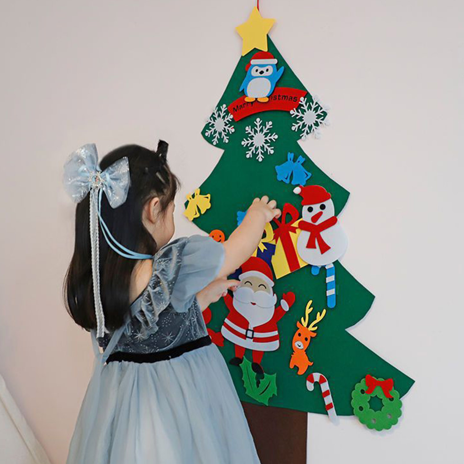 Sapin de Noël en feutre, à faire soi-même, décoratif, pour enfants, 3,28 m, avec 33 ornements suspendus amovibles, en feutre, pour la maison, la porte, le mur