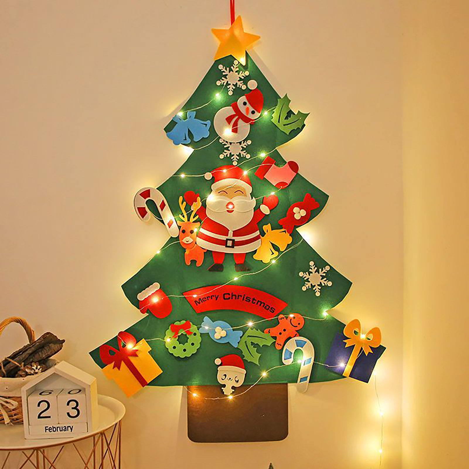 SOLEDI Sapin de Noël en Feutrine pour Enfant - 105CM Feutre Arbre de Noël DIY Vitrine avec 50 LEDs lumières 33 Ornements détachables Deco Noel Decoration Noel